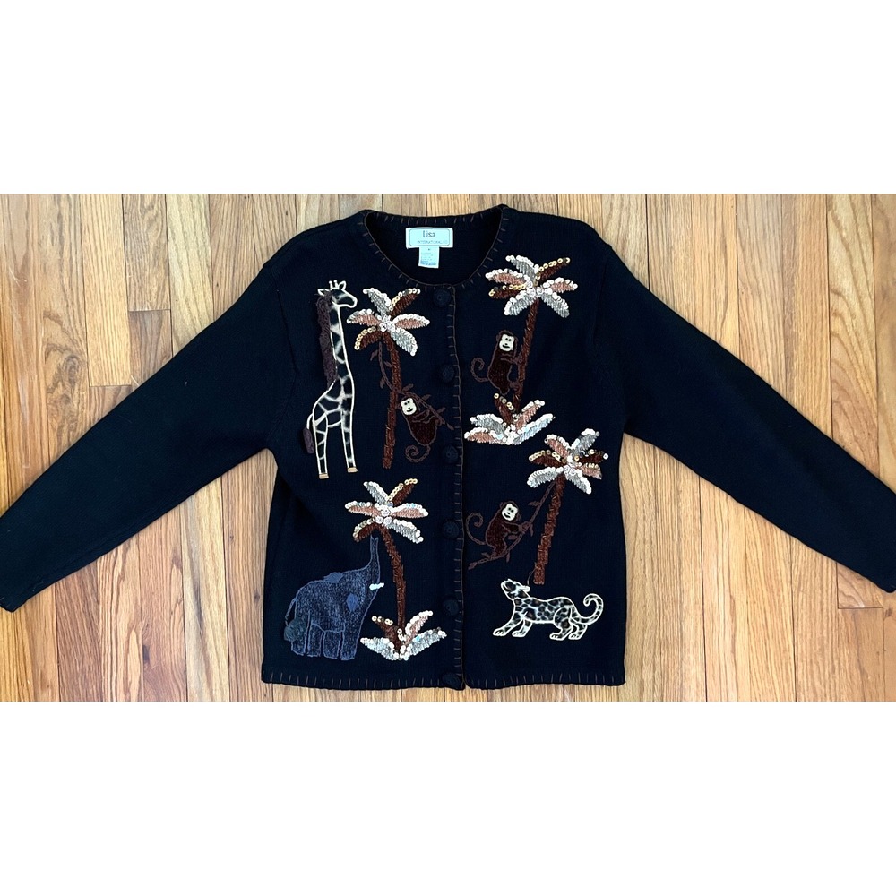 Vintage Lisa International Granny Chic Cardigan Sweater Sequin Jungle Animals M